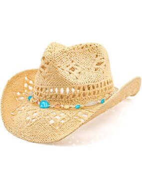 Men's Blue & White Elastic closure Straw Wide Shapeable Brim Cowgirl Cowboy Hat